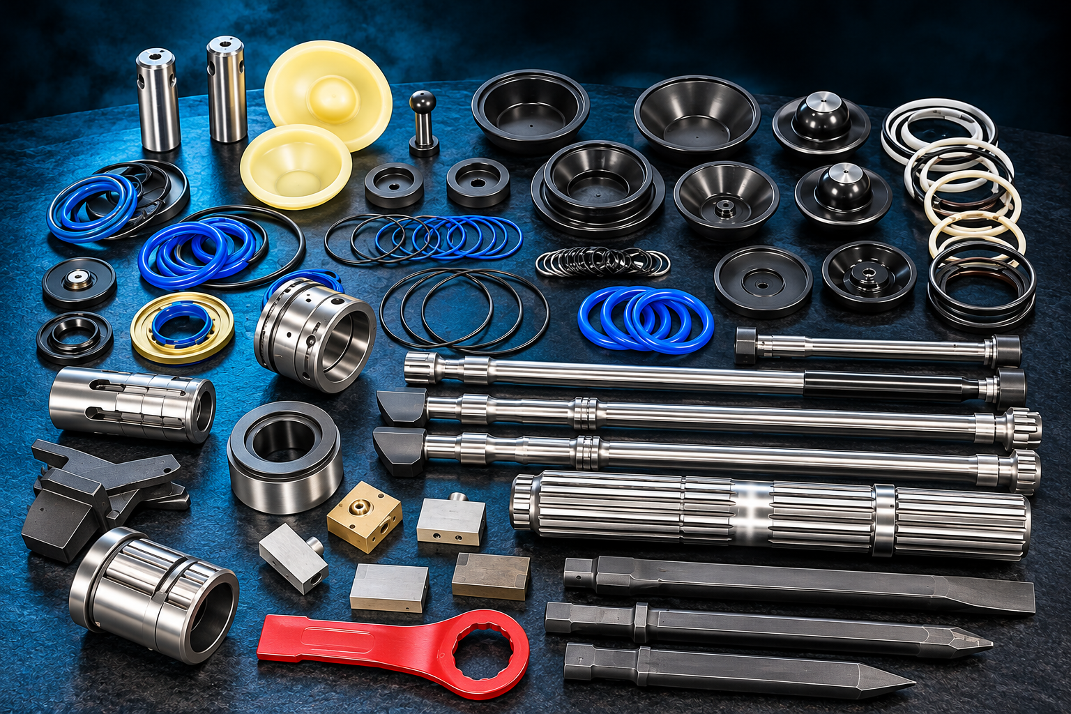 Hydraulic breaker parts: chisel, piston and bushes